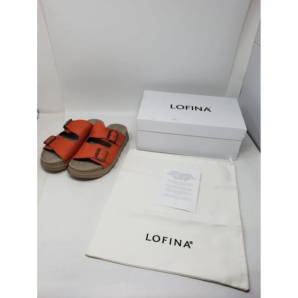 Lofina Womens Orange Leather Double Buckle Slide Sandals 1E240 Size 38 US 7.5